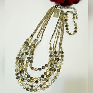Chicos Asha MultiTone Statement Necklace & Stretch Bracelet Set NWT Multi Strand
